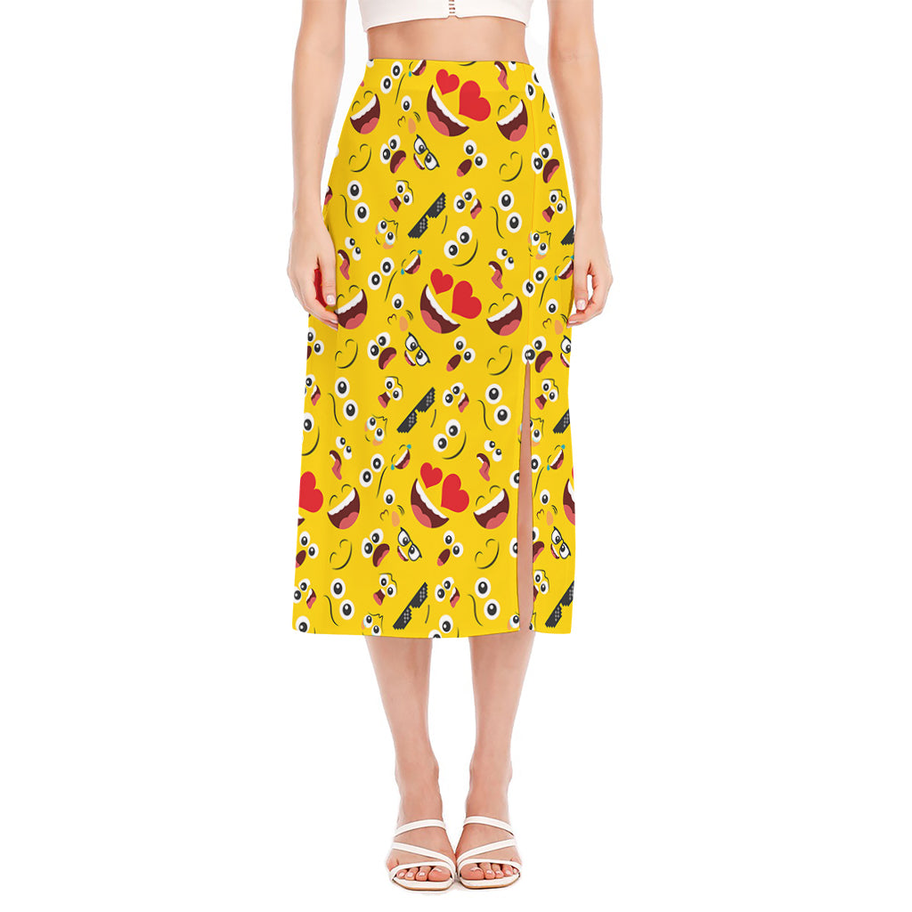 Funny Emoji Pattern Print Side Slit Midi Skirt