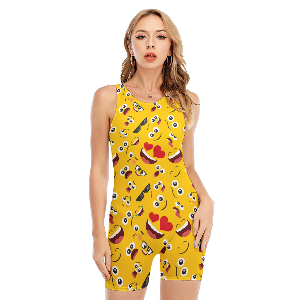 Funny Emoji Pattern Print Sleeveless One Piece Swimsuit