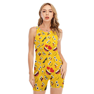 Funny Emoji Pattern Print Sleeveless One Piece Swimsuit