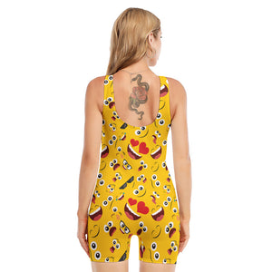 Funny Emoji Pattern Print Sleeveless One Piece Swimsuit