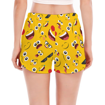 Funny Emoji Pattern Print Women's Split Running Shorts