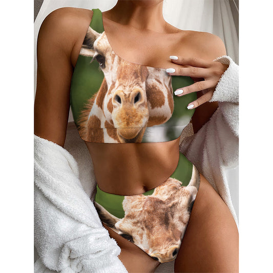 Funny Giraffe Print One Shoulder Bikini Top