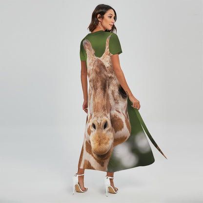 Funny Giraffe Print Short Sleeve Maxi Dress