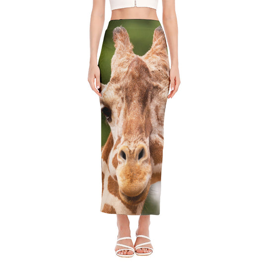 Funny Giraffe Print Side Slit Maxi Skirt