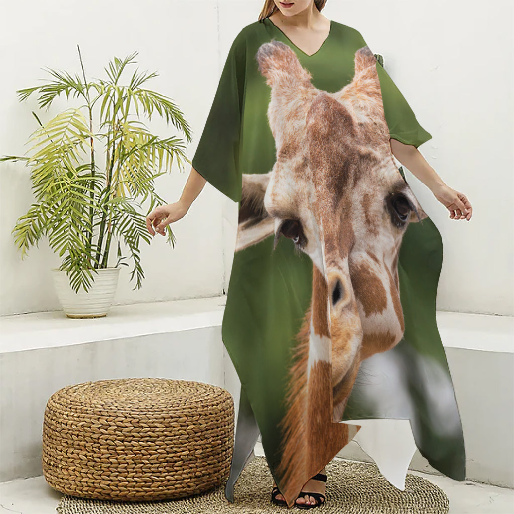 Funny Giraffe Print Silk V-Neck Kaftan Dress