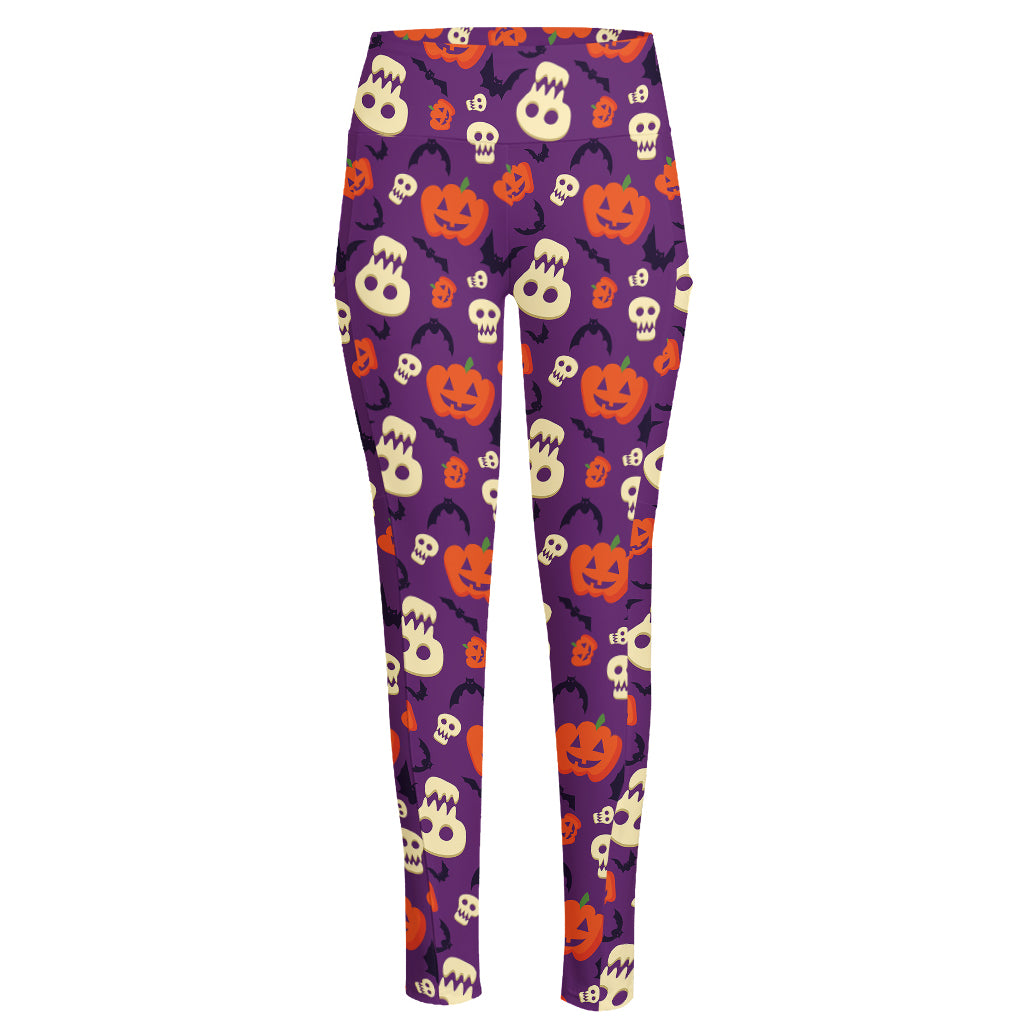Funny Halloween Pumpkin Pattern Print High-Waisted Pocket Leggings