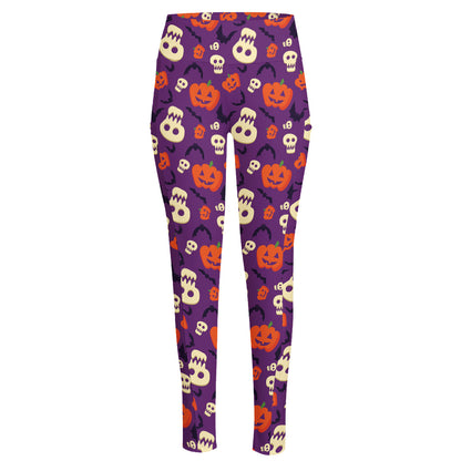 Funny Halloween Pumpkin Pattern Print High-Waisted Pocket Leggings