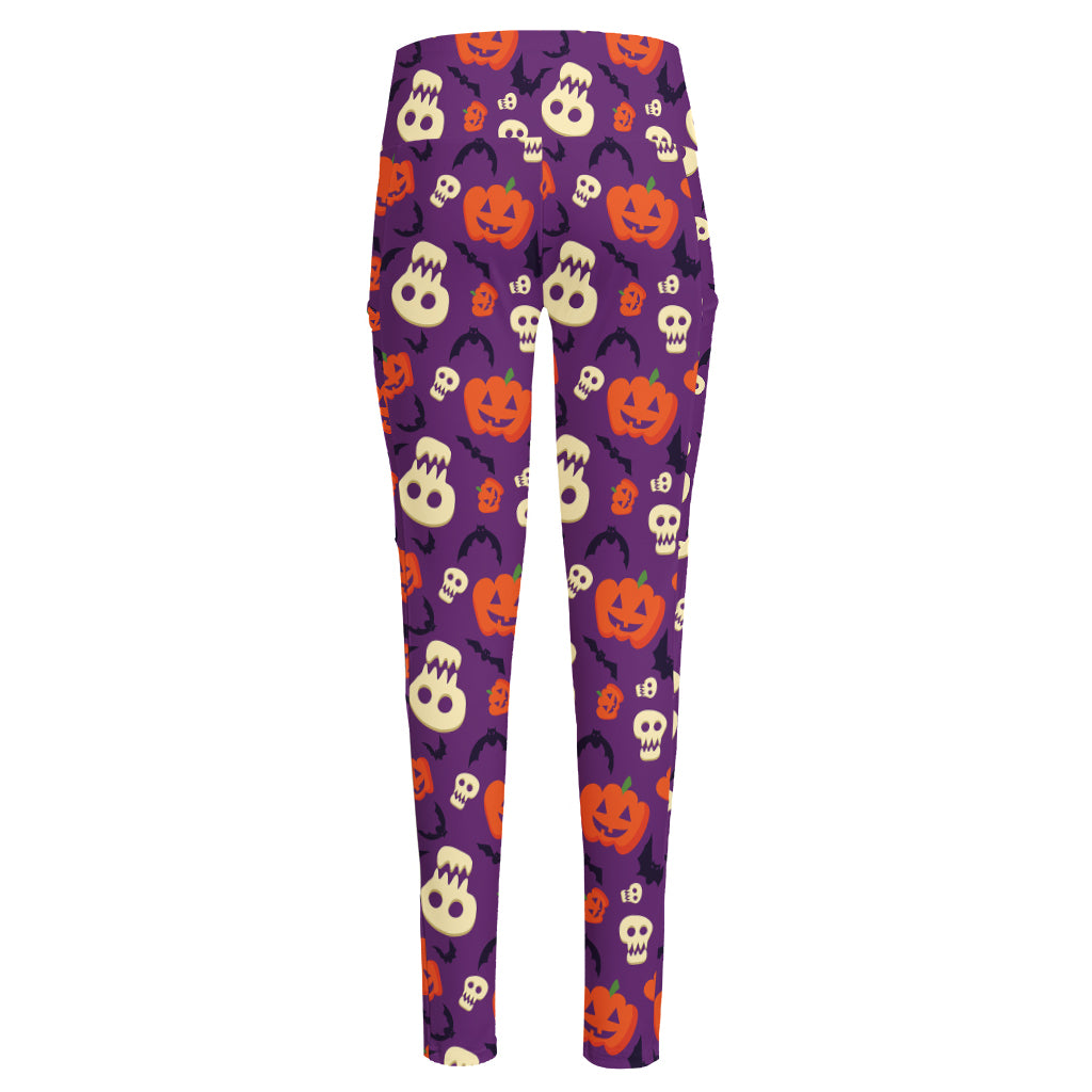 Funny Halloween Pumpkin Pattern Print High-Waisted Pocket Leggings