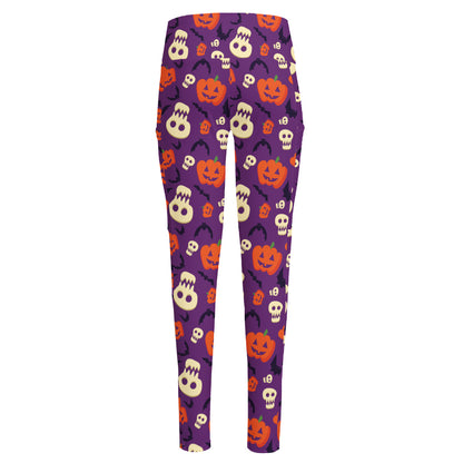 Funny Halloween Pumpkin Pattern Print High-Waisted Pocket Leggings