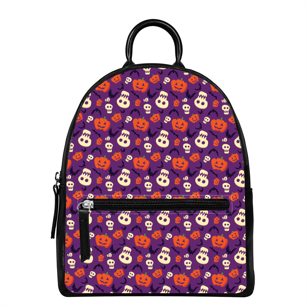 Funny Halloween Pumpkin Pattern Print Leather Backpack