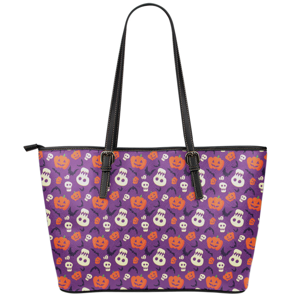 Funny Halloween Pumpkin Pattern Print Leather Tote Bag