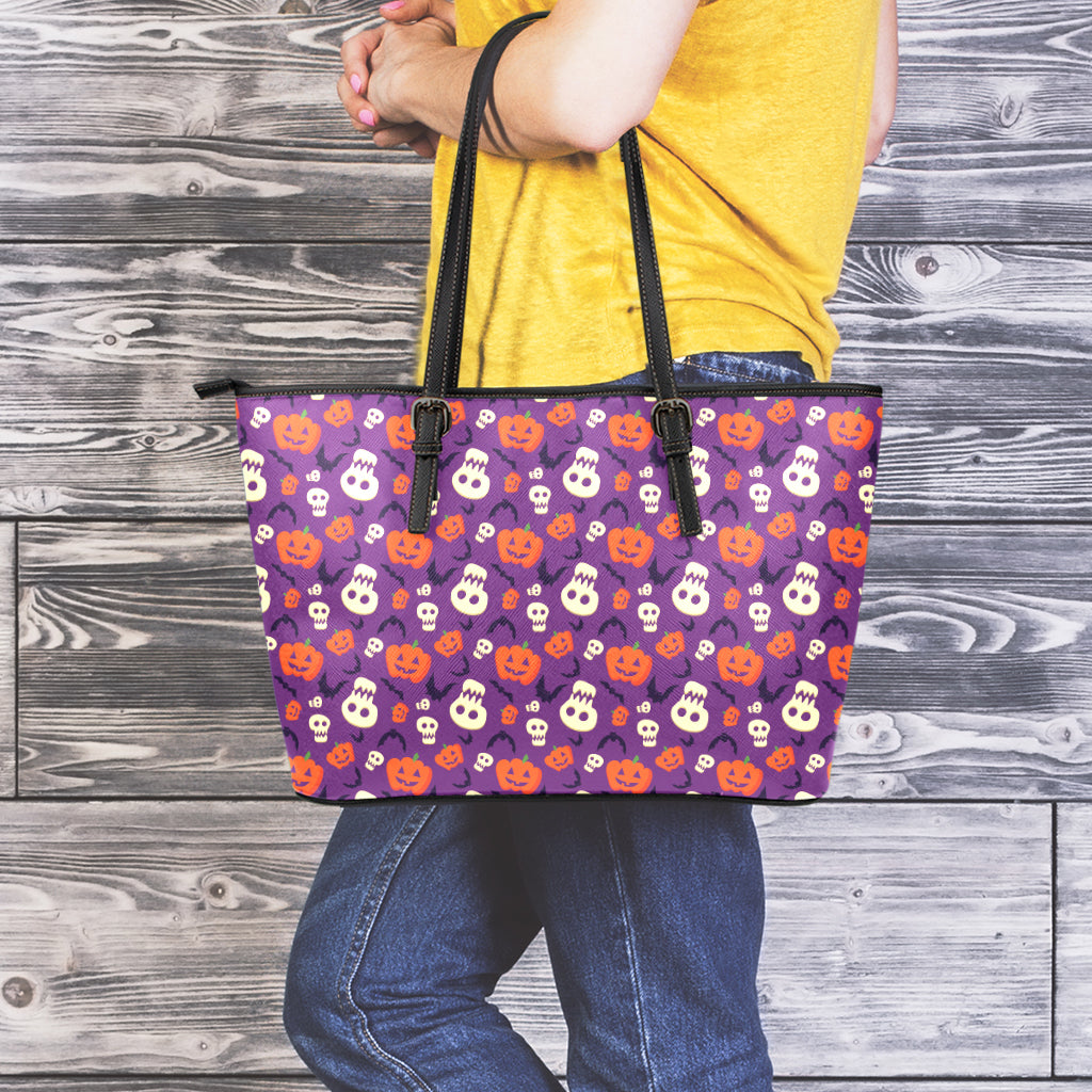 Funny Halloween Pumpkin Pattern Print Leather Tote Bag