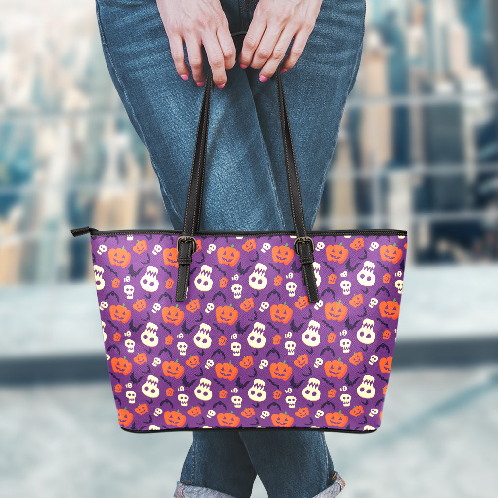 Funny Halloween Pumpkin Pattern Print Leather Tote Bag