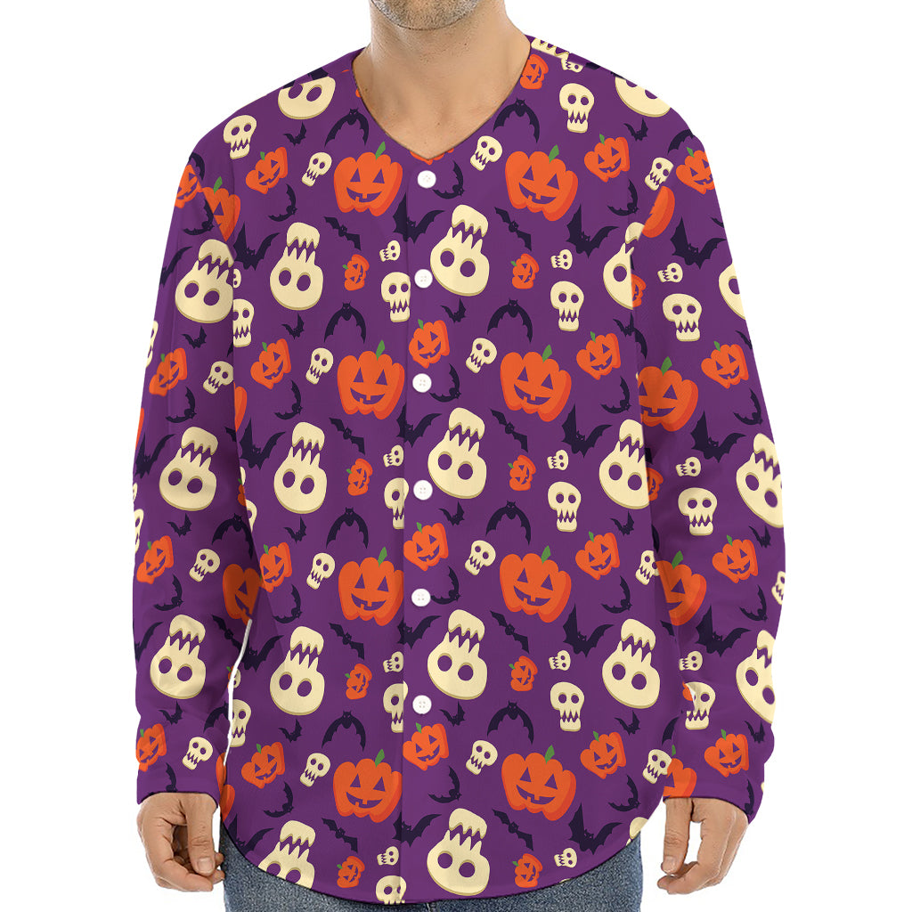 Funny Halloween Pumpkin Pattern Print Long Sleeve Baseball Jersey