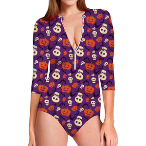 Funny Halloween Pumpkin Pattern Print Long Sleeve Swimsuit