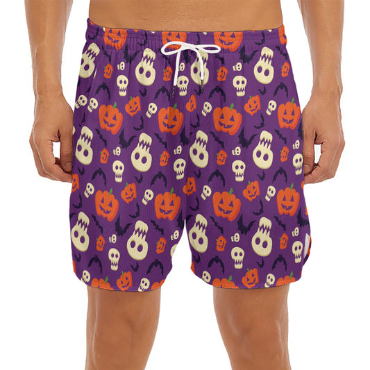 Funny Halloween Pumpkin Pattern Print Men's Split Running Shorts