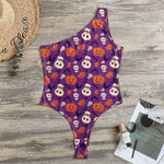 Funny Halloween Pumpkin Pattern Print One Shoulder Bodysuit