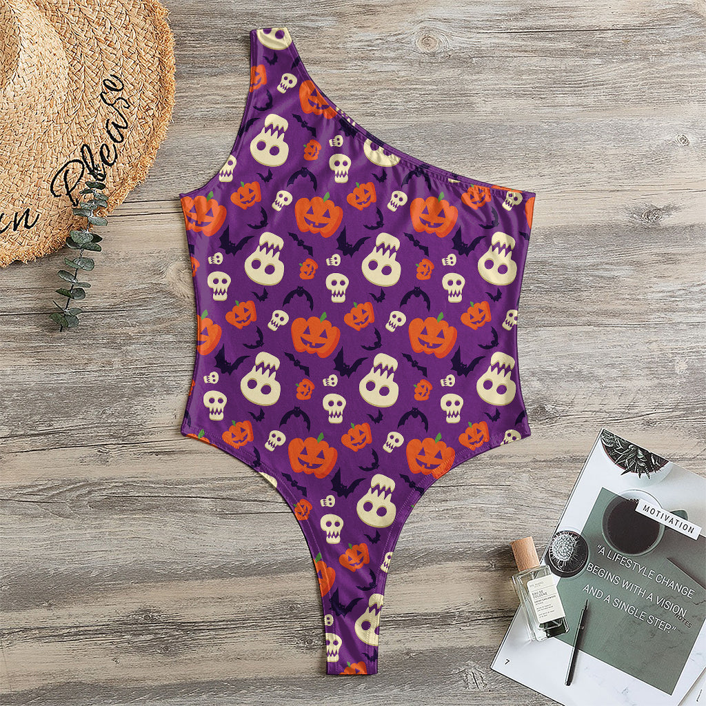 Funny Halloween Pumpkin Pattern Print One Shoulder Bodysuit