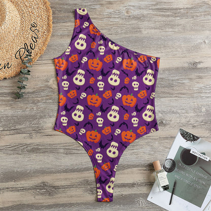 Funny Halloween Pumpkin Pattern Print One Shoulder Bodysuit