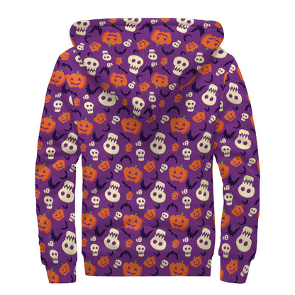 Funny Halloween Pumpkin Pattern Print Sherpa Lined Zip Up Hoodie