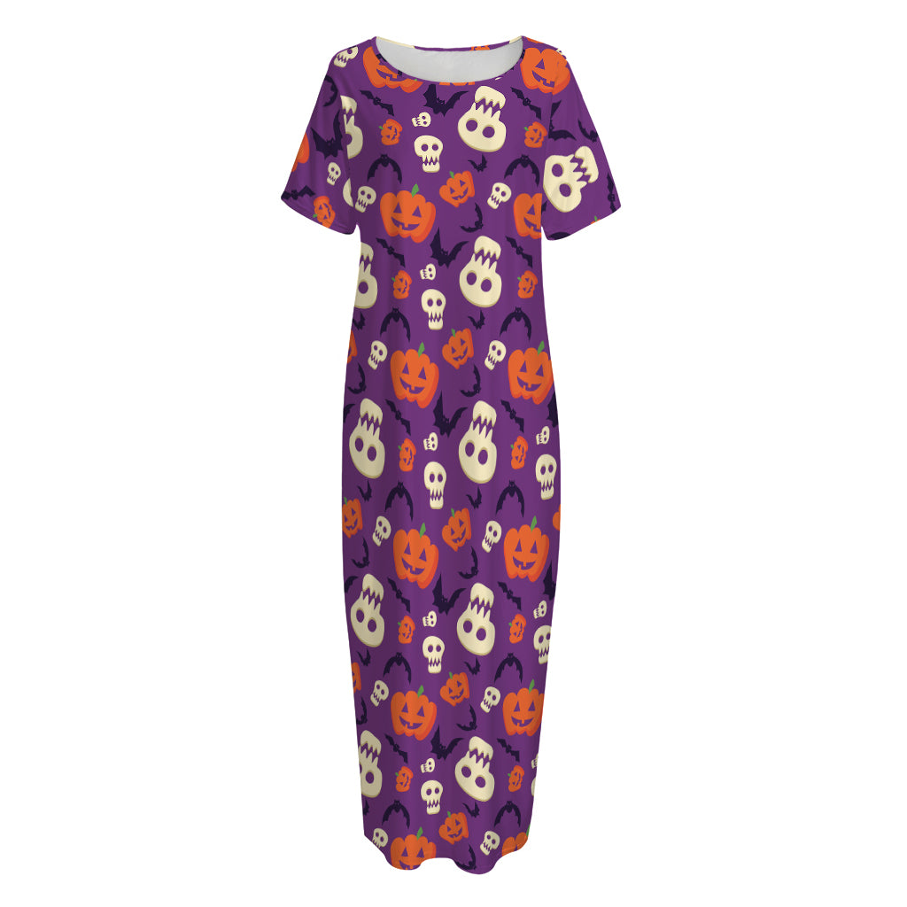 Funny Halloween Pumpkin Pattern Print Short Sleeve Long Nightdress