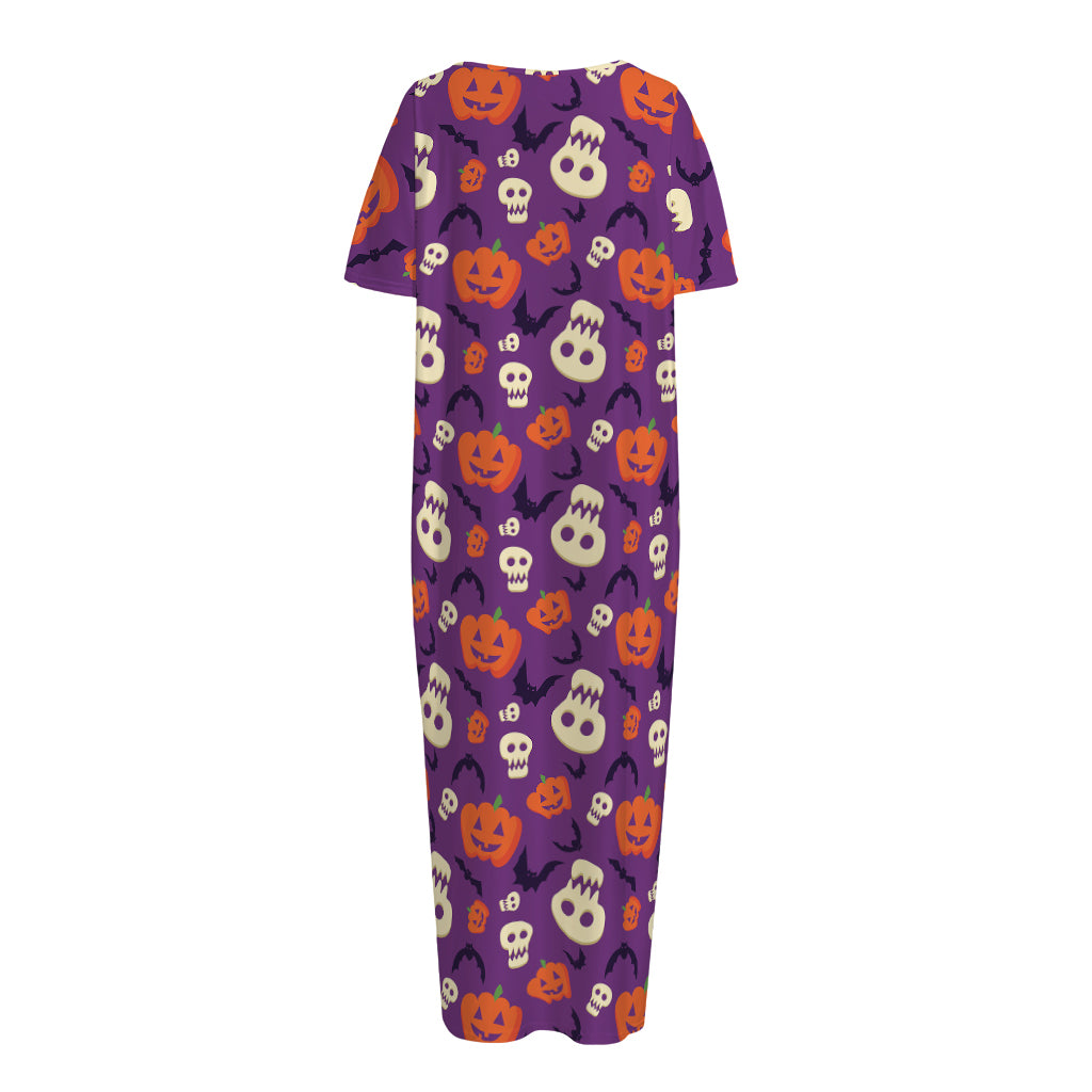 Funny Halloween Pumpkin Pattern Print Short Sleeve Long Nightdress