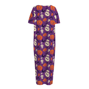 Funny Halloween Pumpkin Pattern Print Short Sleeve Long Nightdress