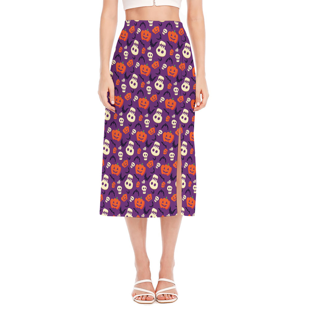 Funny Halloween Pumpkin Pattern Print Side Slit Midi Skirt