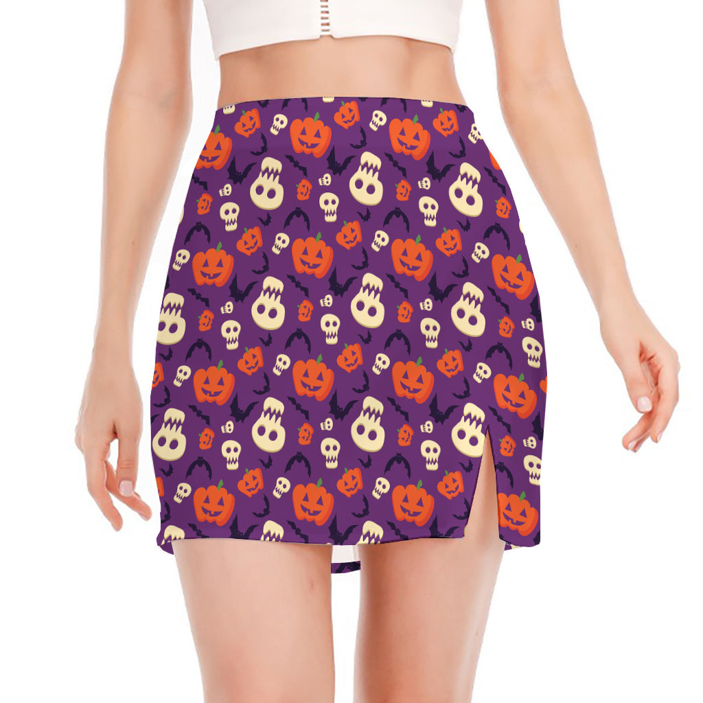 Funny Halloween Pumpkin Pattern Print Side Slit Mini Skirt