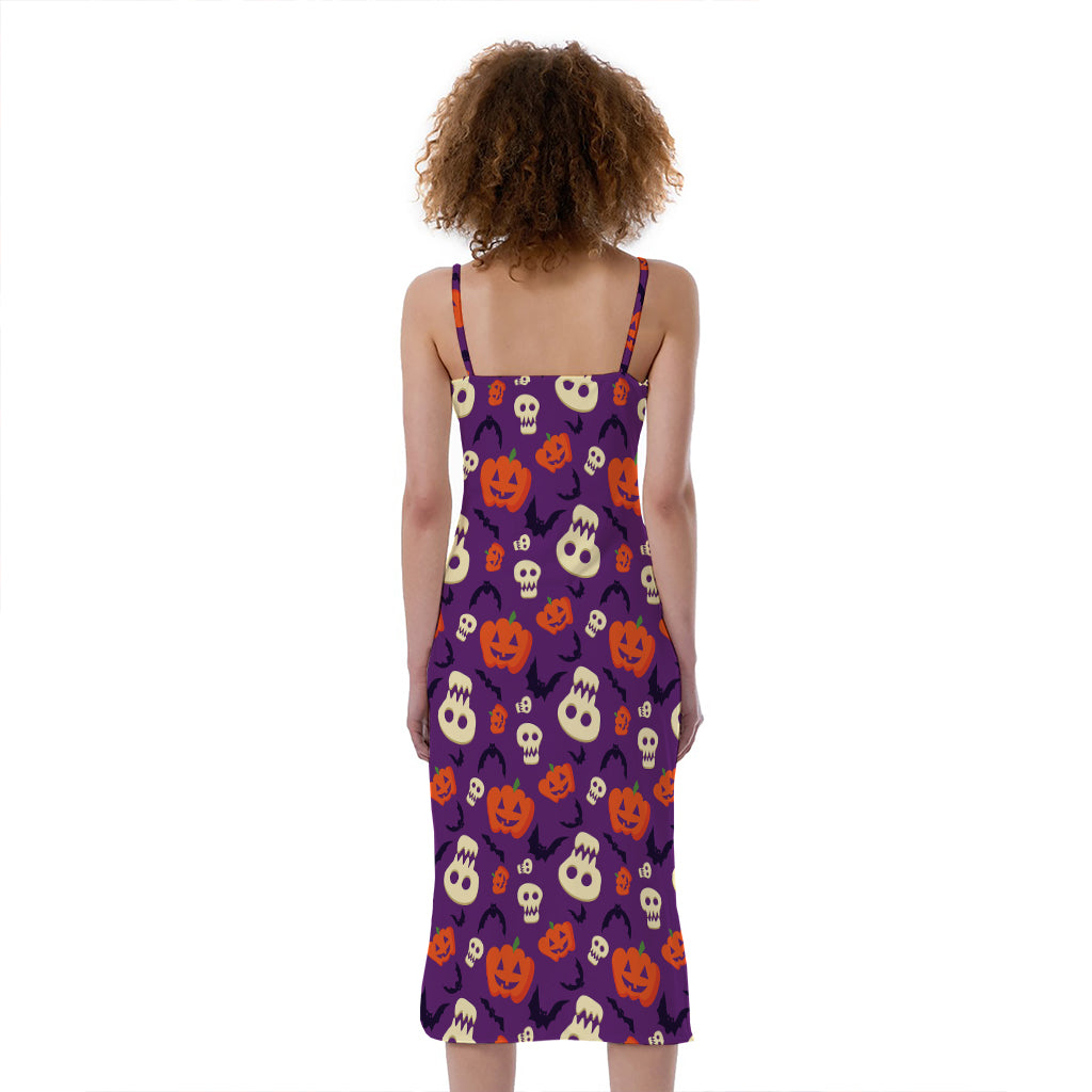 Funny Halloween Pumpkin Pattern Print Slim Fit Midi Cami Dress
