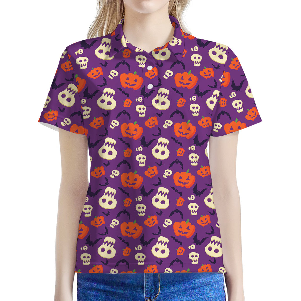 Funny Halloween Pumpkin Pattern Print Women's Polo Shirt