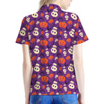 Funny Halloween Pumpkin Pattern Print Women's Polo Shirt