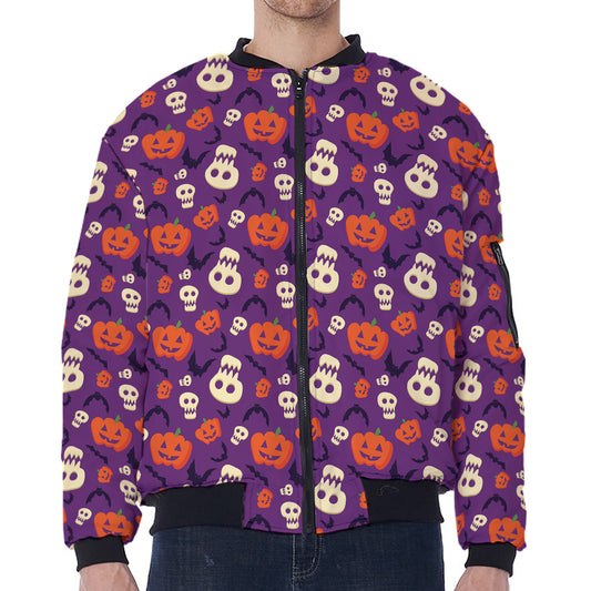 Funny Halloween Pumpkin Pattern Print Zip Sleeve Bomber Jacket