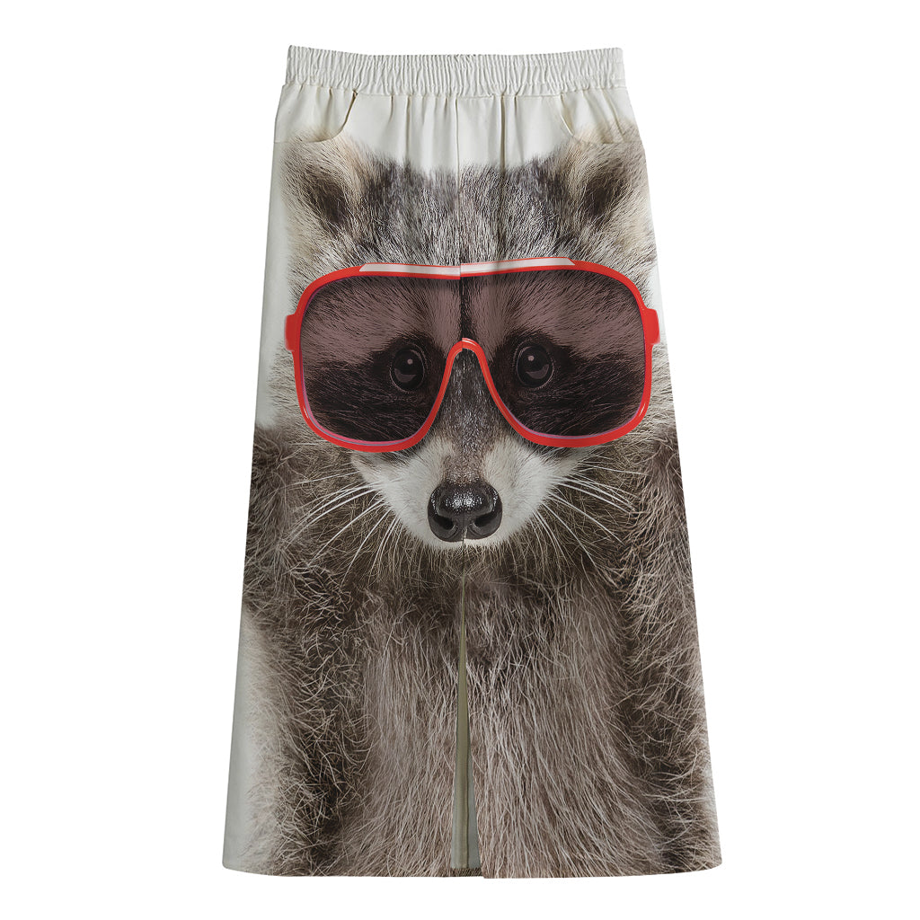 Funny Raccoon Print Cotton Front Slit Maxi Skirt