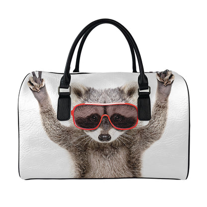 Funny Raccoon Print Leather Duffle Bag