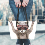 Funny Raccoon Print Leather Tote Bag