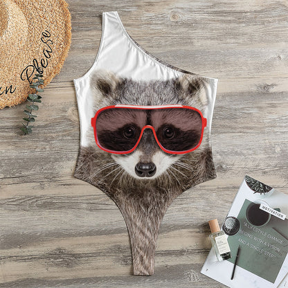 Funny Raccoon Print One Shoulder Bodysuit
