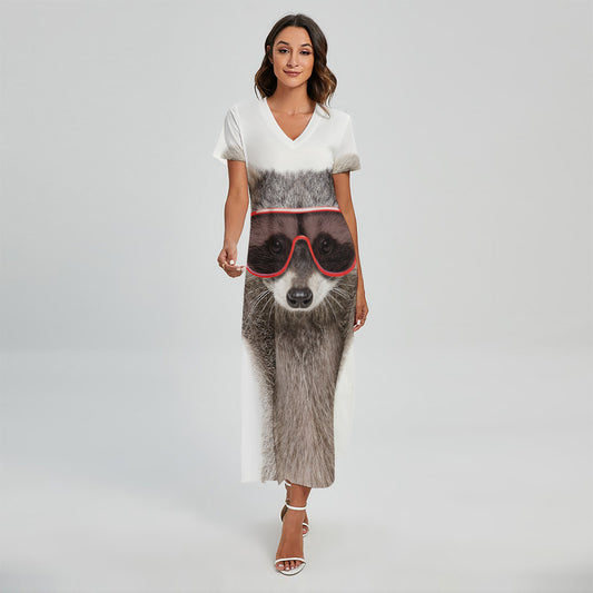 Funny Raccoon Print Short Sleeve Maxi Dress