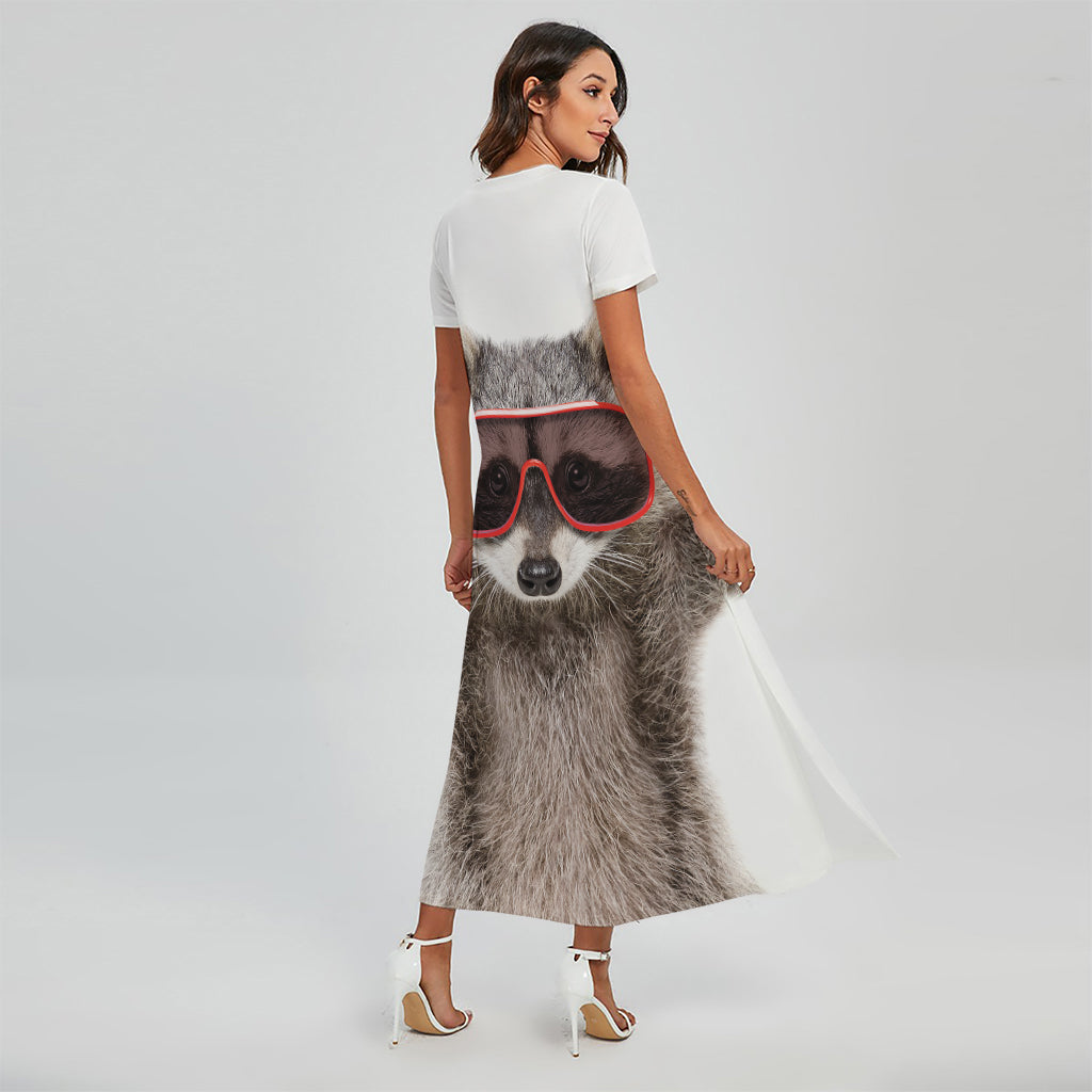 Funny Raccoon Print Short Sleeve Maxi Dress