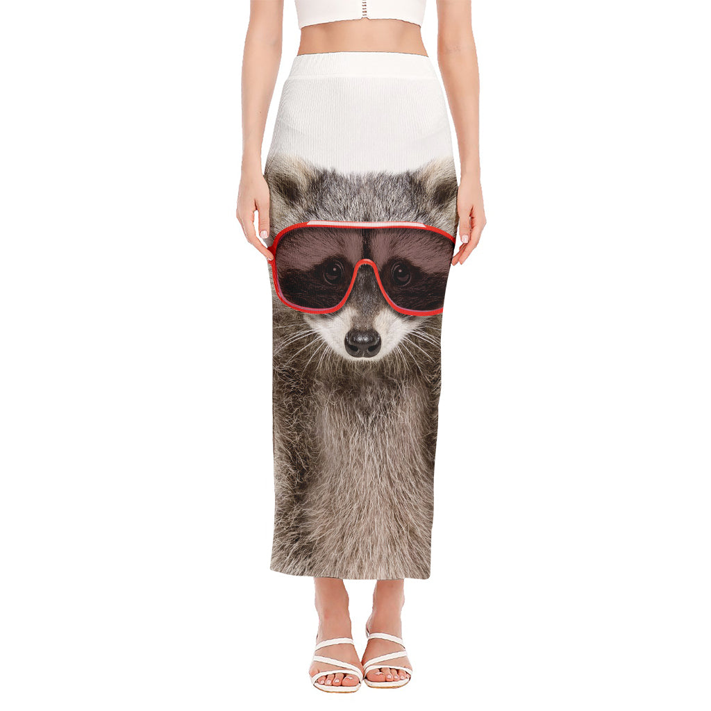 Funny Raccoon Print Side Slit Maxi Skirt