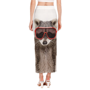 Funny Raccoon Print Side Slit Maxi Skirt