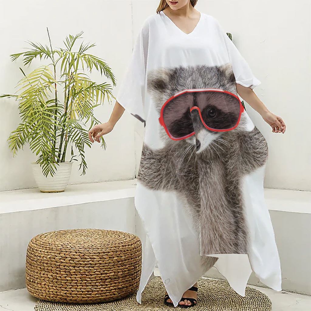 Funny Raccoon Print Silk V-Neck Kaftan Dress