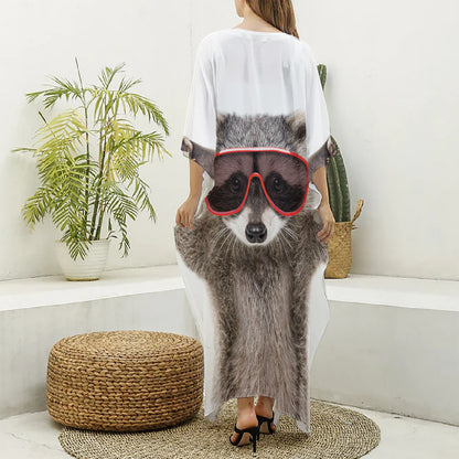 Funny Raccoon Print Silk V-Neck Kaftan Dress