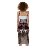 Funny Raccoon Print Slim Fit Midi Cami Dress