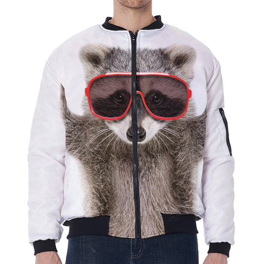 Funny Raccoon Print Zip Sleeve Bomber Jacket