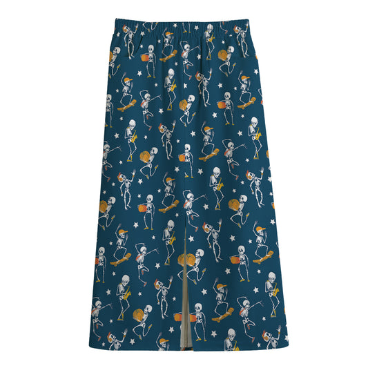 Funny Skeleton Party Pattern Print Cotton Front Slit Maxi Skirt