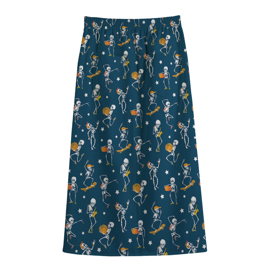 Funny Skeleton Party Pattern Print Cotton Front Slit Maxi Skirt