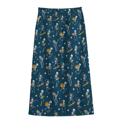 Funny Skeleton Party Pattern Print Cotton Front Slit Maxi Skirt