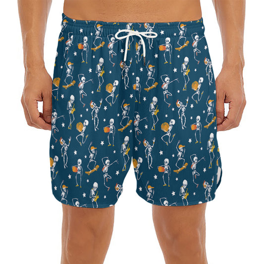 Funny Skeleton Party Pattern Print Men's Split Running Shorts