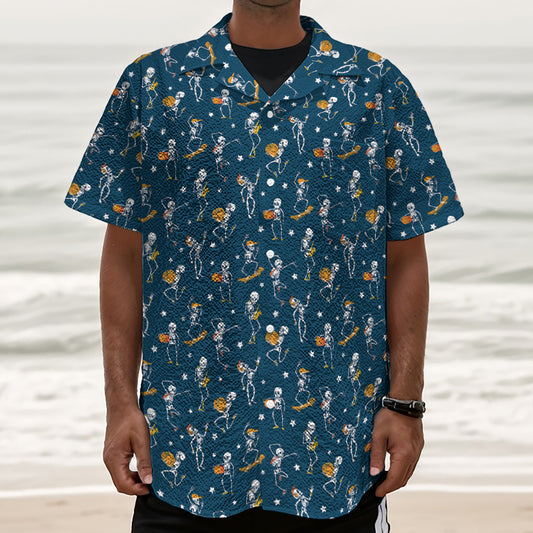 Funny Skeleton Party Pattern Print Textured Short Sleeve Shirt